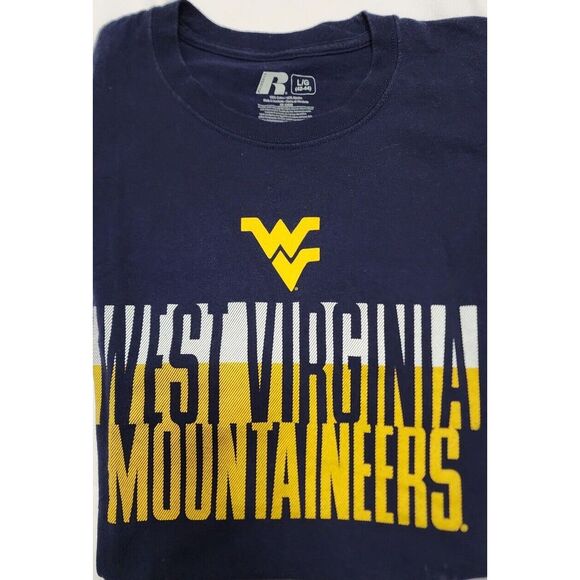RUSSELL ATHLETIC WEST VIRGINIA MOUNTAINEERS SHIRT MENS LARGE BLUE WHITE GOLD EUC - Picture 1 of 4
